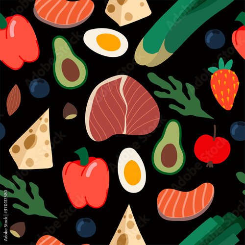 Seamless pattern with healthy food such as meal, vegetables and fruits. Vector cartoon flat illustration.