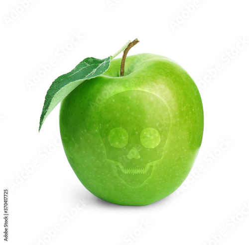 Green poison apple with skull image on white background