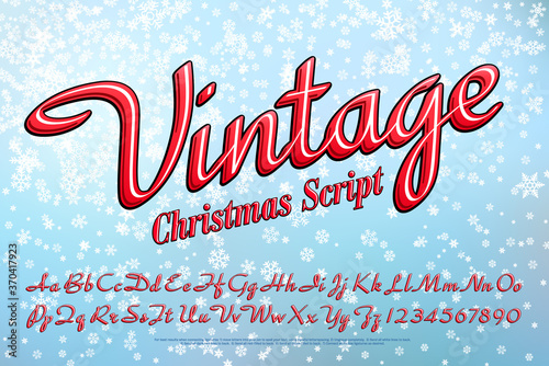 A Vintage Style Christmas Script Alphabet with a Snowflake Background. Red Cursive Lettering With a Retro 1950s Look. Calligraphy Font in a Classic Fifties or Sixties Greeting Card Style.