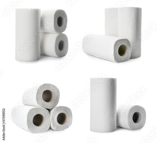 Set with rolls of paper tissues isolated on white