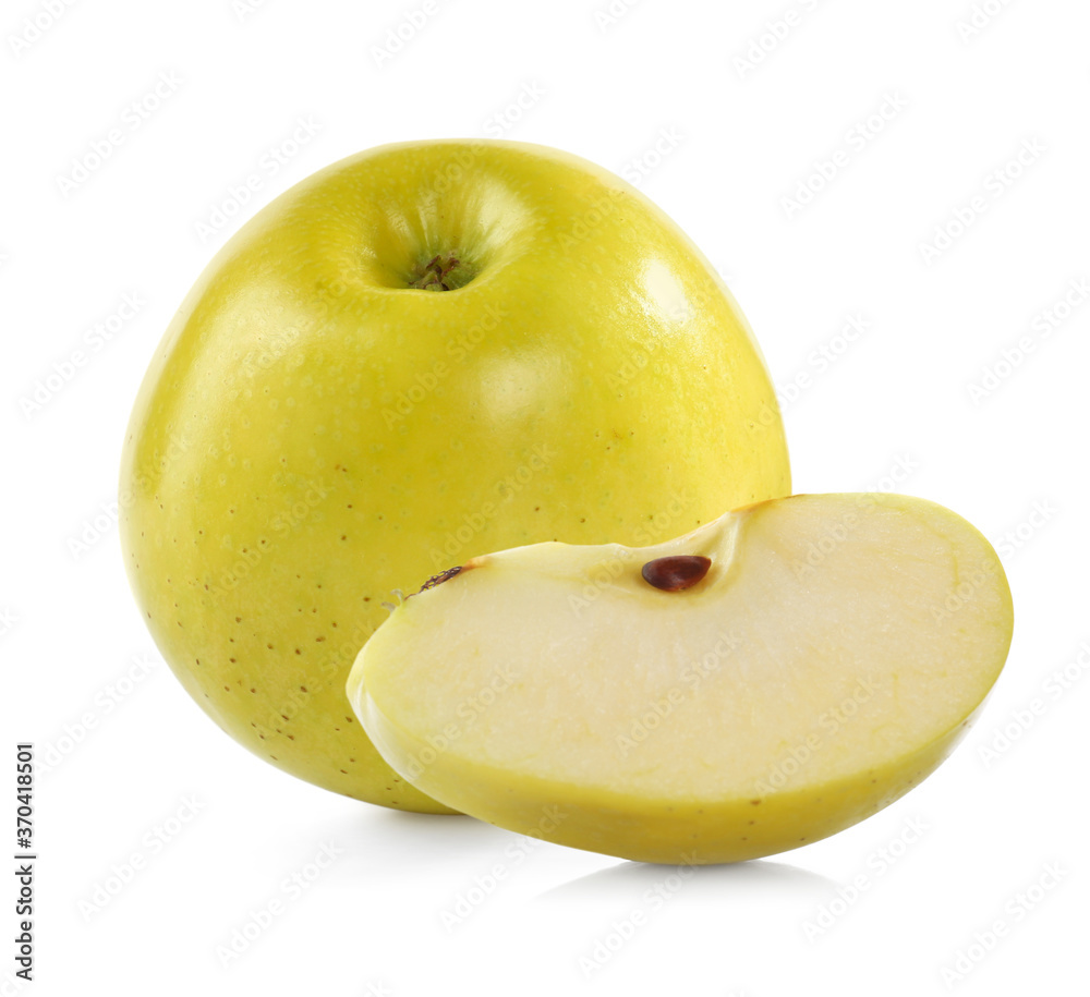 Cut and whole yellow apples on white background Cut and whole yellow apples on white background