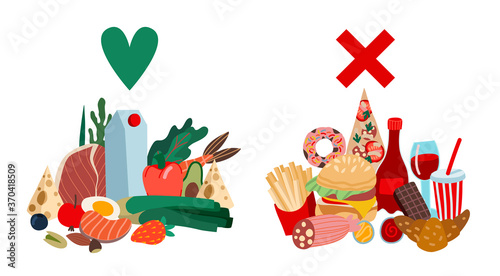 Comparison of healthy food and fast food. Vector cartoon flat illustration.