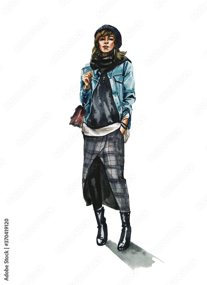 Fashion watercolor illustration of young woman in trendy outfit. Hand drawn painting of girl hipster. Street style look Fashion watercolor illustration of young woman in trendy outfit. Hand drawn painting of girl hipster. Street style look