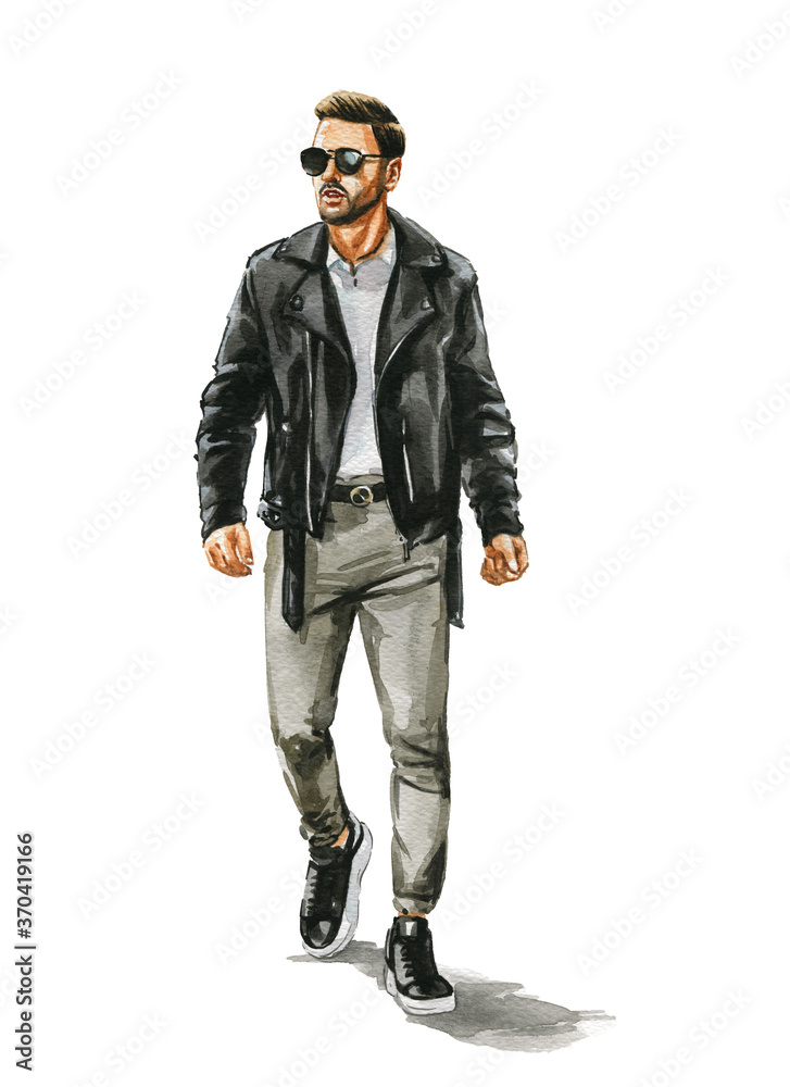 Fashion watercolor illustration of man in stylish trendy outfit. Hand drawn painting of male hipster. Street style look Fashion watercolor illustration of man in stylish trendy outfit. Hand drawn painting of male hipster. Street style look