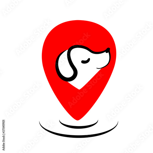 Flat pets gps logo design. Dog map marker vector. Animal walking takes care with location position. Navigation sign for pet web app. Cute happy puppy