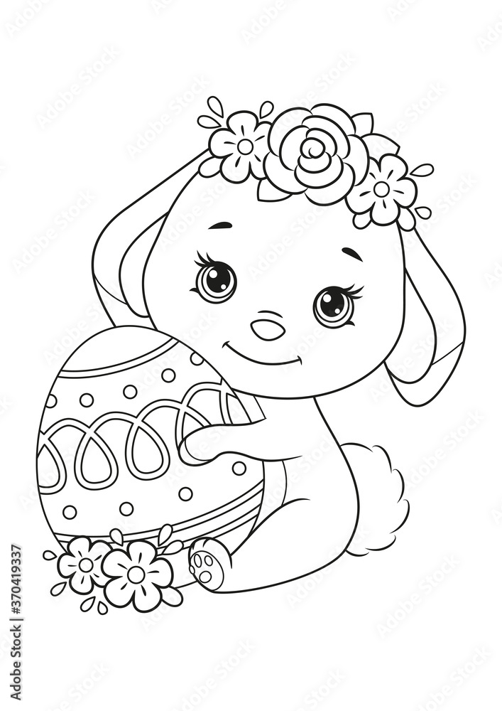 Cute Easter Bunny with egg Coloring Page. Cartoon vector illustration ...