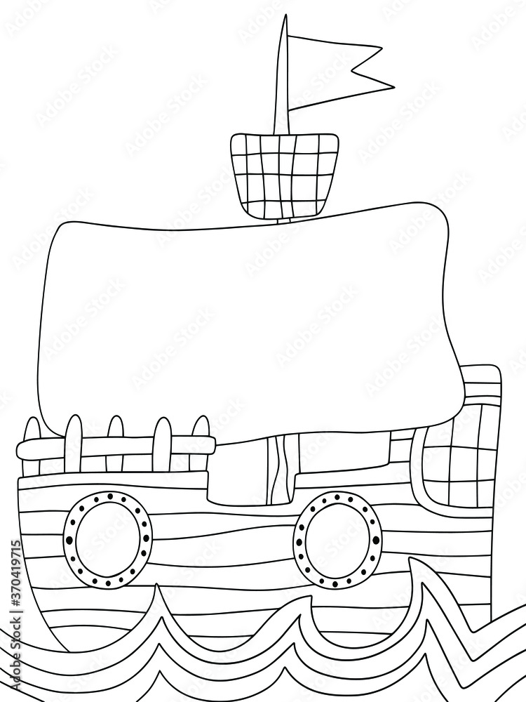 Funny cartoon ship coloring page stock vector illustration. Old sea