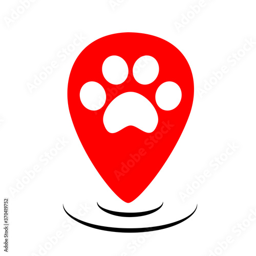 Red flat pets gps logo design. Paw on map marker vector. Animal walking takes care with location position. Navigation sign for pet web app. Cute happy dog