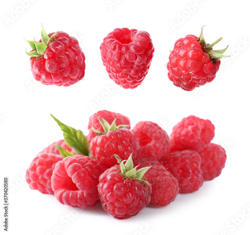 Set of fresh ripe raspberries on white background