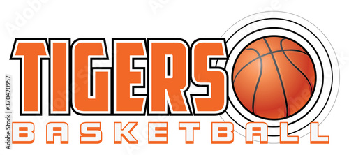 Tigers Basketball Design is a sports design template that includes graphic text and a flying ball. Great for advertising and promotion such as t-shirts for teams or schools.