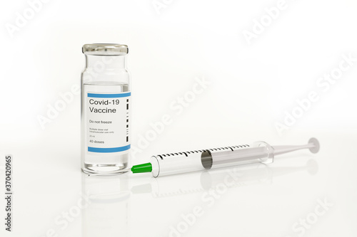 Covid -19 Vaccine In Vial next syringe isolated on white background. Selective focus. Illustration 3d.