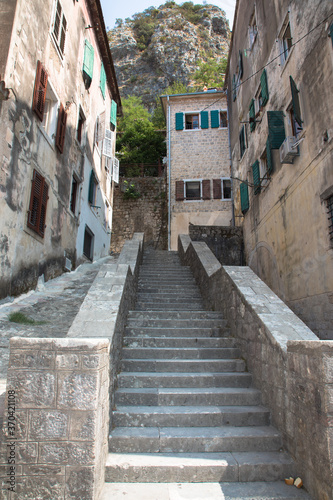 Staircase with the mountains behind in the historic walled town of Kotor, Montenegro © Ian Kennedy
