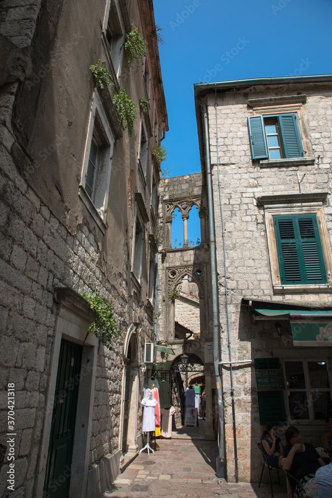 The picturesque buildings and streets of the historic walled town of Kotor, Montenegro
