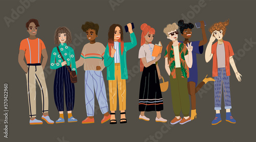 Young people, full-length students in various poses. Cute flat cartoon illustrations.