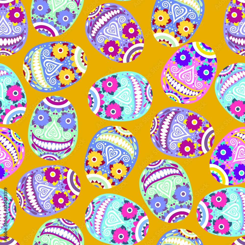Fototapeta premium Funny flat skulls on yellow-orange vector seamless pattern. Colorful ornamental traditional mexican sugar skull endless texture. Bold colors day of the dead cartoon pattern.
