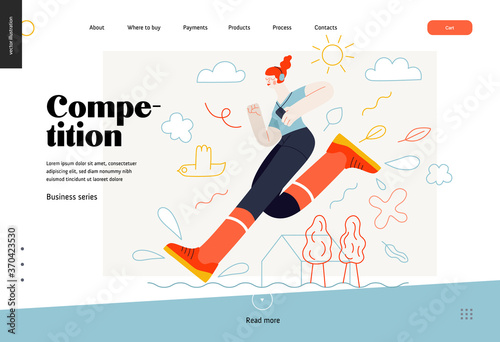 Business topics - competition. Flat style modern outlined vector concept illustration. Runner - a girl running in the park - a ginger young woman with headphones and a phone. Business metaphor.
