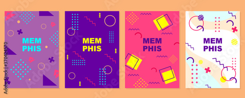 A set of covers in the neo Memphis style. Collection of bright cards. Vector backgrounds.