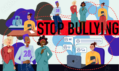 Banner calling to stop bullying. Bullying among students, online and in life. Vector cartoon flat illustration.