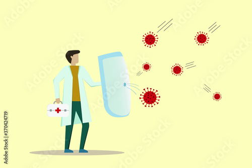 Fight and protect COVID-19 Coronavirus outbreak concept, Doctor wearing sanitary mask with protective shield and vaccine box to protect from COVID-19 coronavirus. Medicine concept. EPS 10