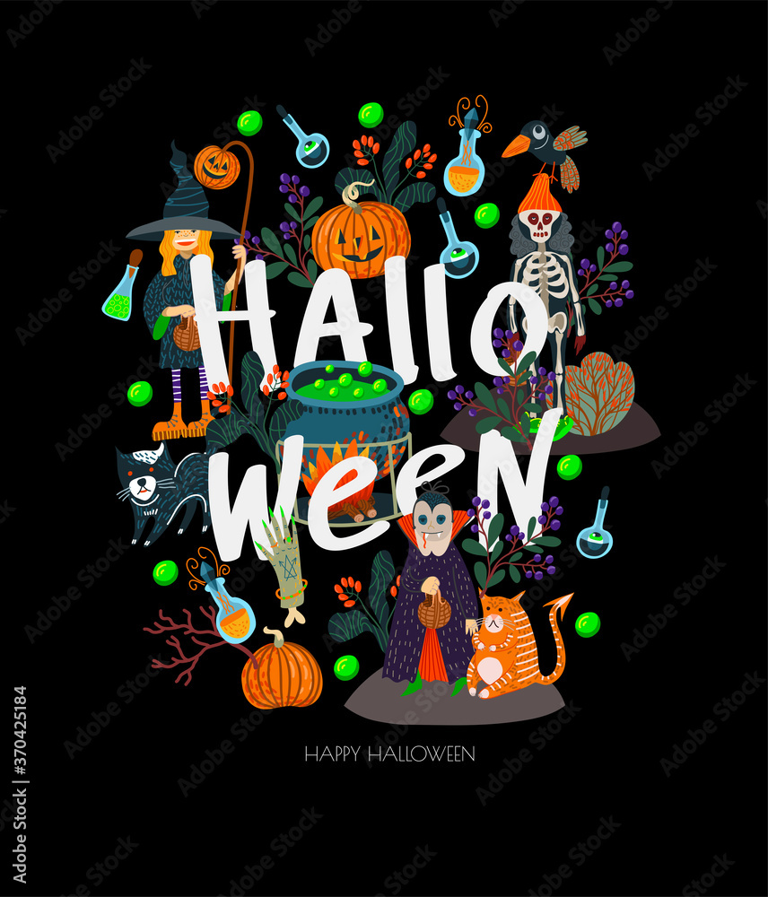 Halloween banner or card with scary elements. Vector cartoon flat illustration.