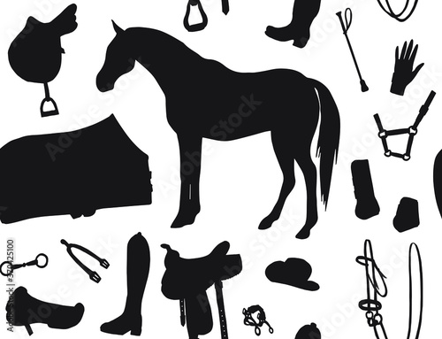 Vector seamless pattern of hand drawn horse riding equestrian equipment silhouette isolated on white background