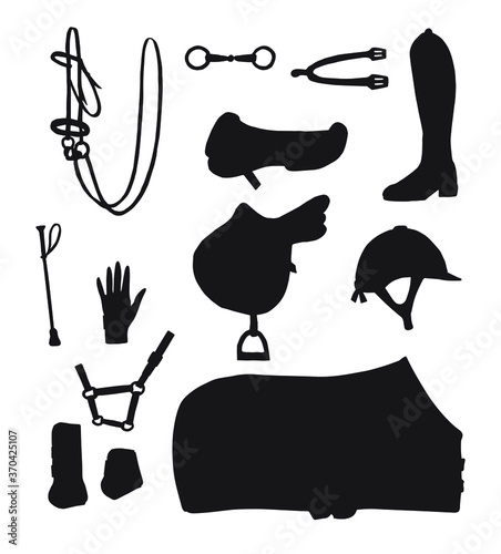 Vector set bundle of black hand drawn horse riding equestrian equipment silhouette isolated on white background