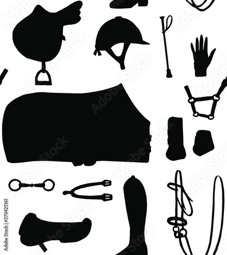 Vector seamless pattern of black hand drawn horse riding equestrian equipment silhouette isolated on white background