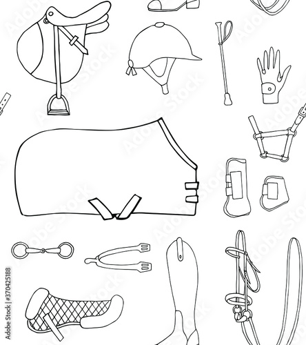 Vector seamless pattern of hand drawn doodle sketch horse riding equestrian equipment isolated on white background