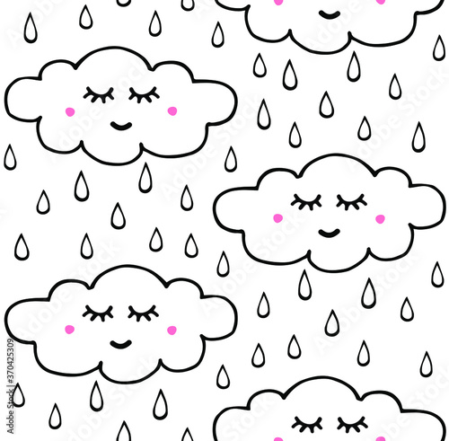 Vector seamless pattern of hand drawn doodle sketch raining clouds with face isolated on white background