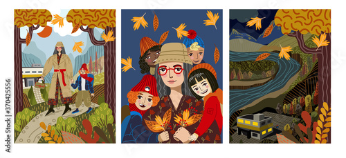 Greeting card for teacher's day. Autumn landscape. Mom and son go hand in hand. Together they go to congratulate the teacher and be the best at school.