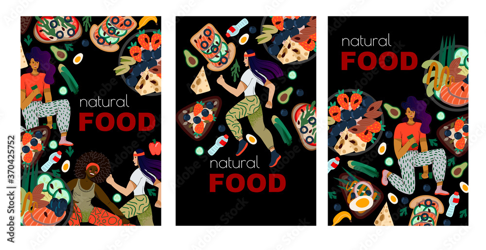Banners or cards with healthy food and sport woman. Lifestyle for health. Vector cartoon flat illustration.