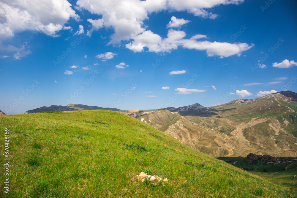 Beautiful landscape in the mountains at summer in daytime. Mountains at the sunset time. Azerbaijan, Caucasus. Khinalig