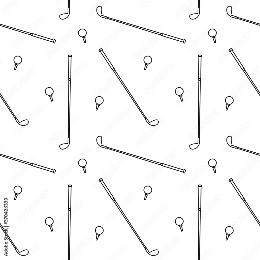 Vector seamless pattern of flat outline golf ball and stick isolated on white background