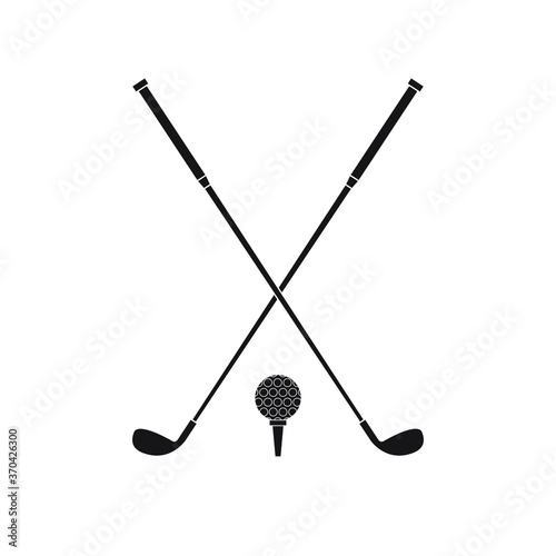 Vector flat black golf ball and crossed stick isolated on white background