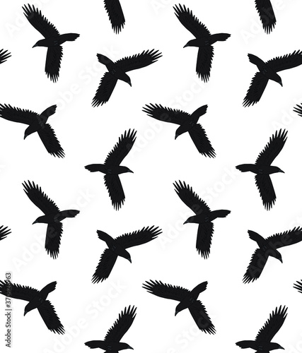 Vector seamless pattern of hand drawn doodle sketch colored flying raven isolated on white background