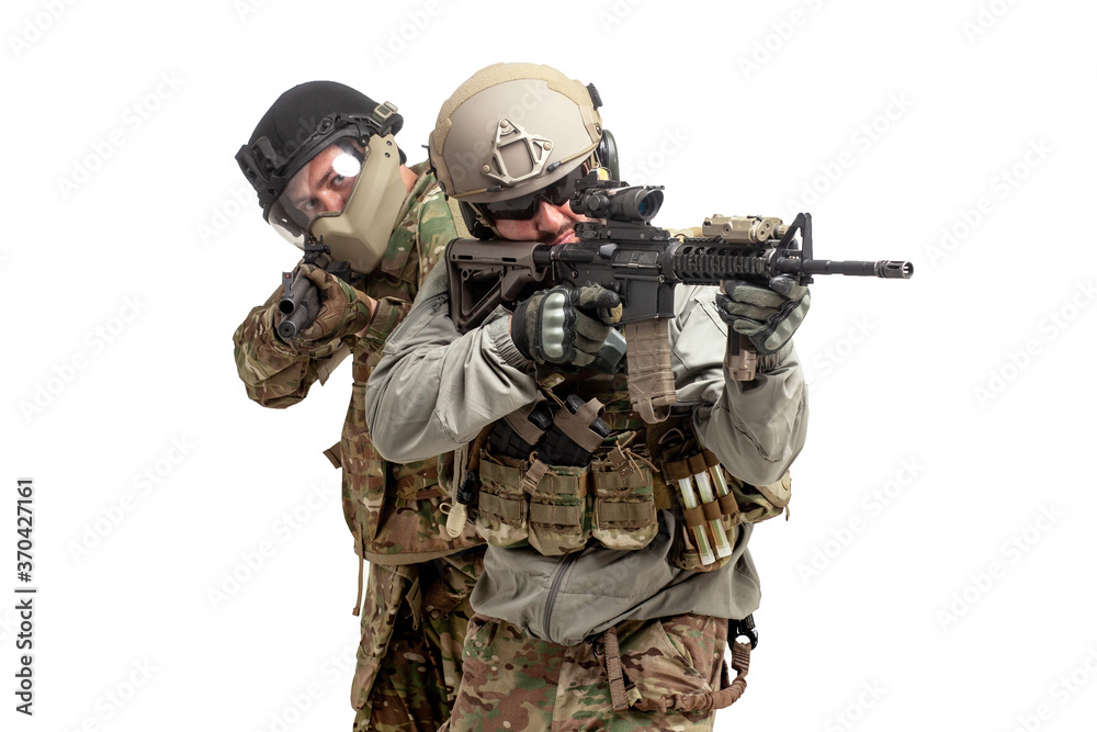 military special forces storm and attack special operations, two american soldiers in military equipment with weapons on a white background, airsoft concept military special forces storm and attack special operations, two american soldiers in military equipment with weapons on a white background, airsoft concept