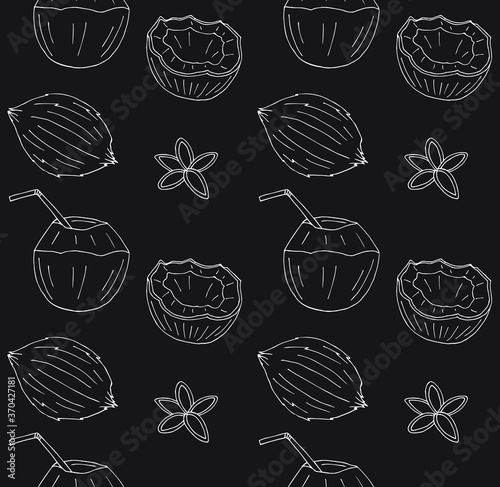 Vector seamless pattern of white chalk hand drawn doodle sketch different coconut isolated on black background