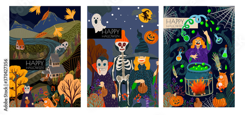 Set of Halloween banner or card with scary elements. Vector cartoon flat illustration.