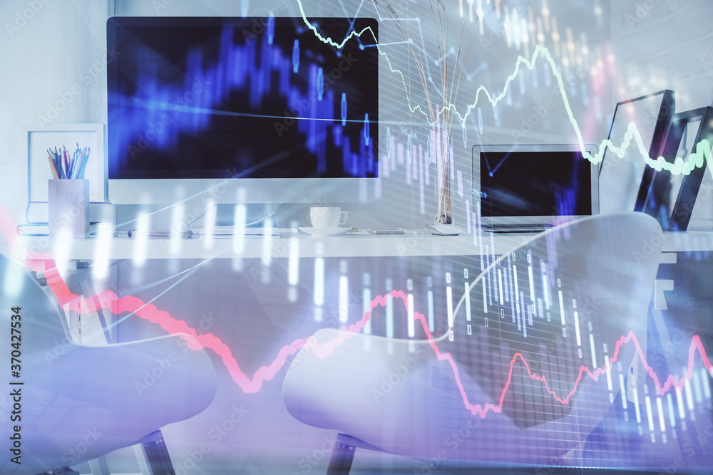 Double exposure of stock market graph drawing and office interior background. Concept of financial analysis. Double exposure of stock market graph drawing and office interior background. Concept of financial analysis.