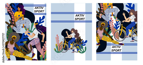 Active sports and fitness. Cycling, dumbbell exercises and jogging. Neutral color scheme and flat simple design.