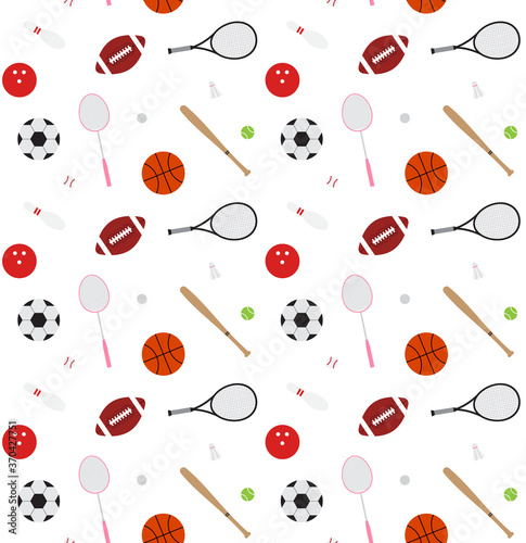 Vector seamless pattern of flat cartoon sport equipment isolated on white background