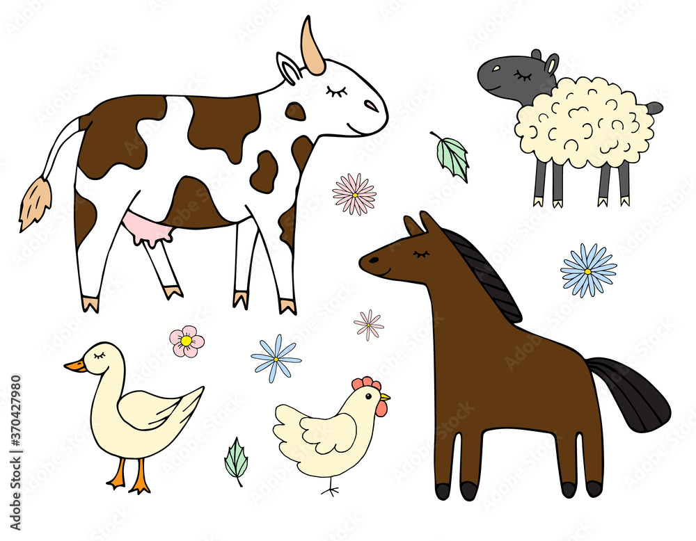 Vector set bundle of colored hand drawn doodle sketch farm domestic animals isolated on white background