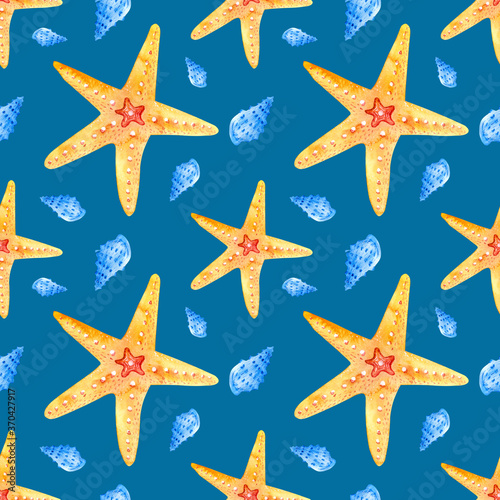 Watercolor seamless patterns hand-drawn with blue seashells and orange starfish on a blue background. Perfect for postcards, patterns, banners, posters, nautical wallpapers, 