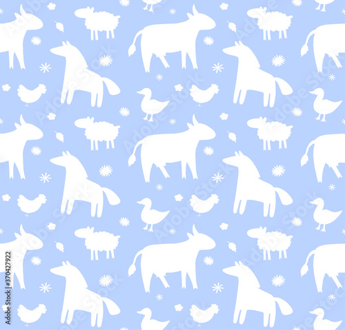 Vector seamless pattern of white hand drawn doodle farm domestic animals silhouette isolated on blue background