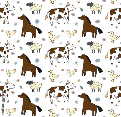 Vector seamless pattern of colored hand drawn doodle sketch farm domestic animals isolated on white background