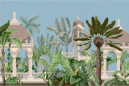 Border with jungle trees and ancient castle. Vector.