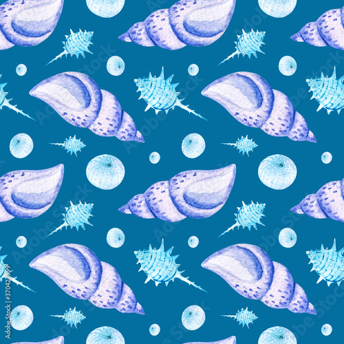 Watercolor seamless patterns with blue seashells on a blue background. Perfect for postcards, patterns, banners, posters, nautical wallpapers, gift wrapping or clothing prints