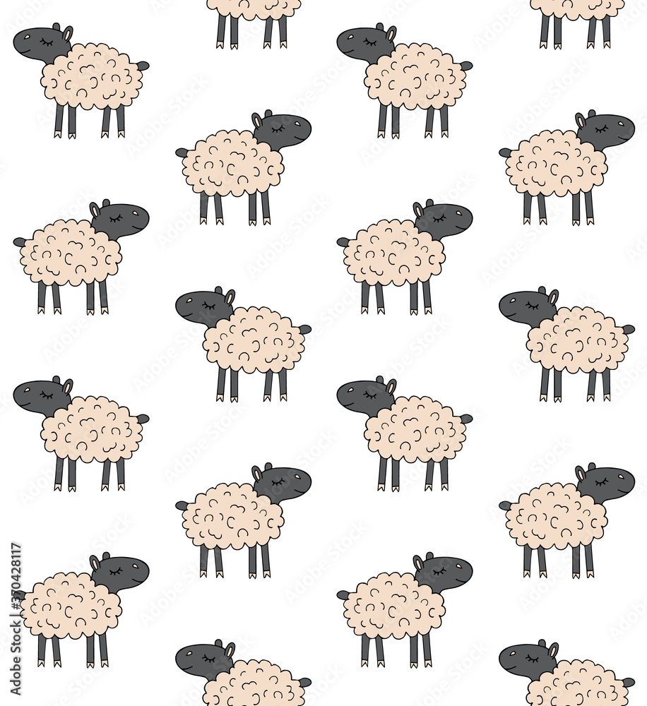 Vector seamless pattern of colored hand drawn doodle sketch sheep isolated on white background