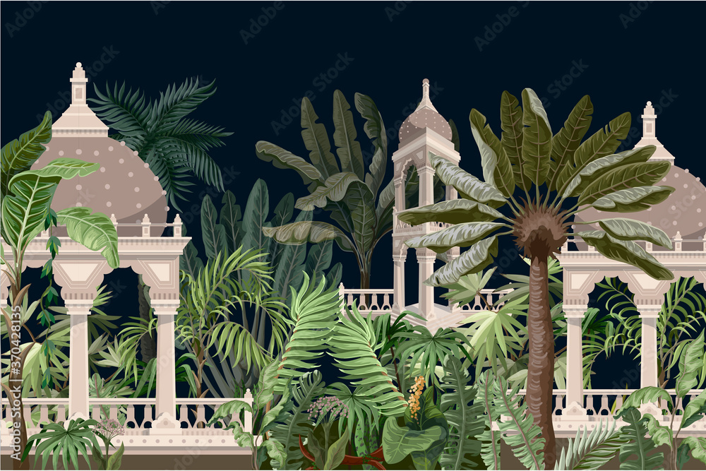 Border with jungle trees and ancient castle. Vector.