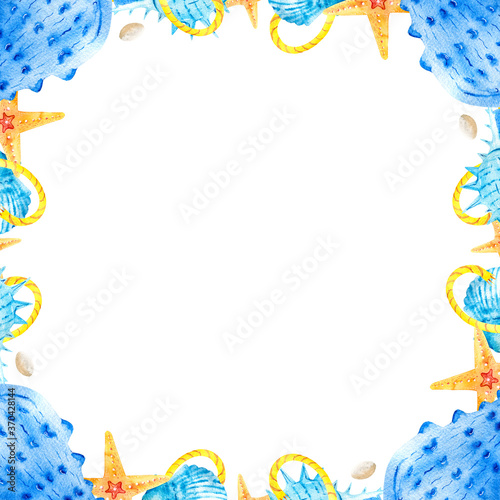 Watercolor square frames with sea shells, stars and snails on a white background. Marine composition illustration. Clipart for hand-drawn postcard design template